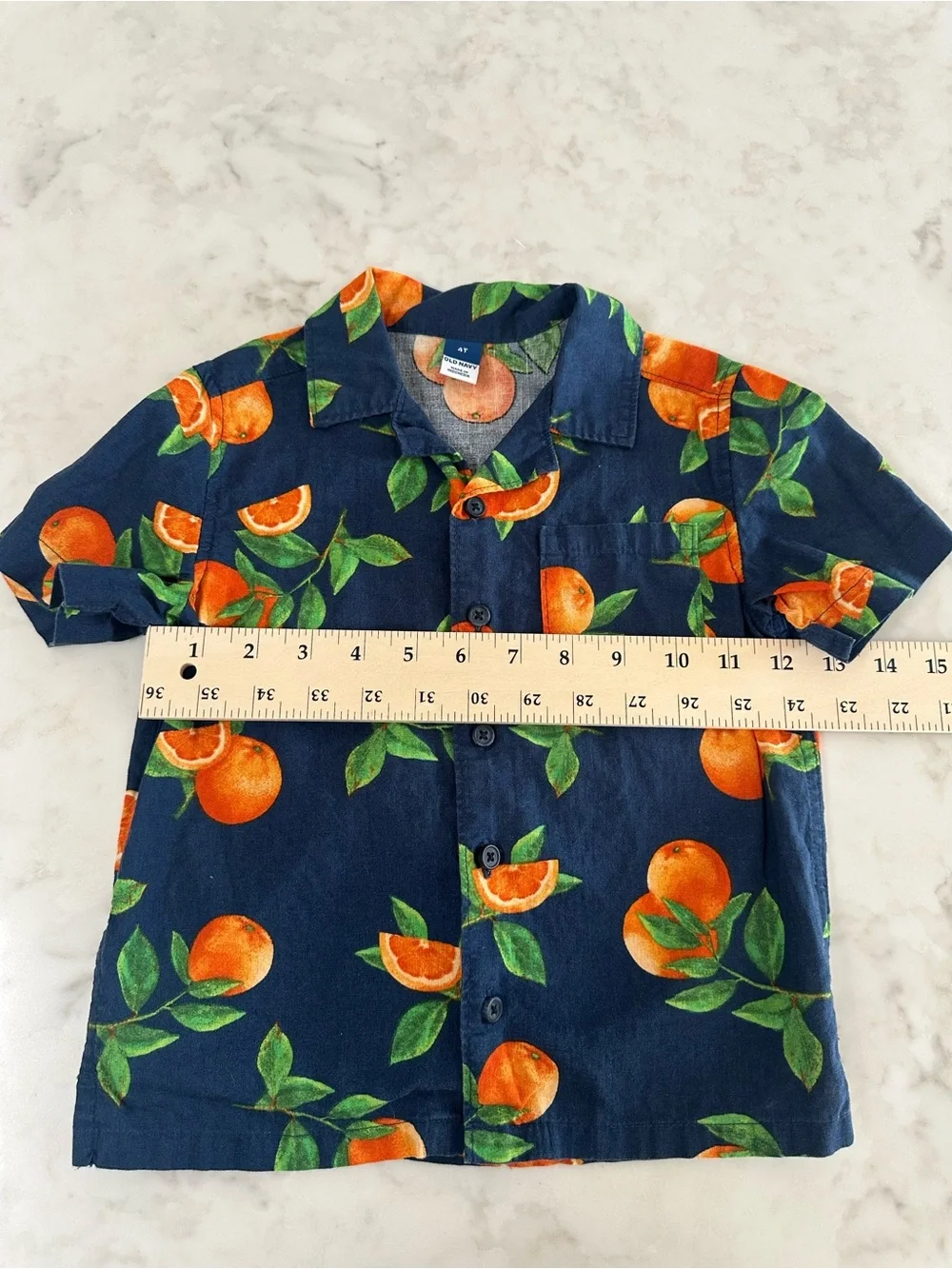 Old Navy Short-Sleeve Linen Blend Button-Up Shirt with Orange Fruit Print. 4T